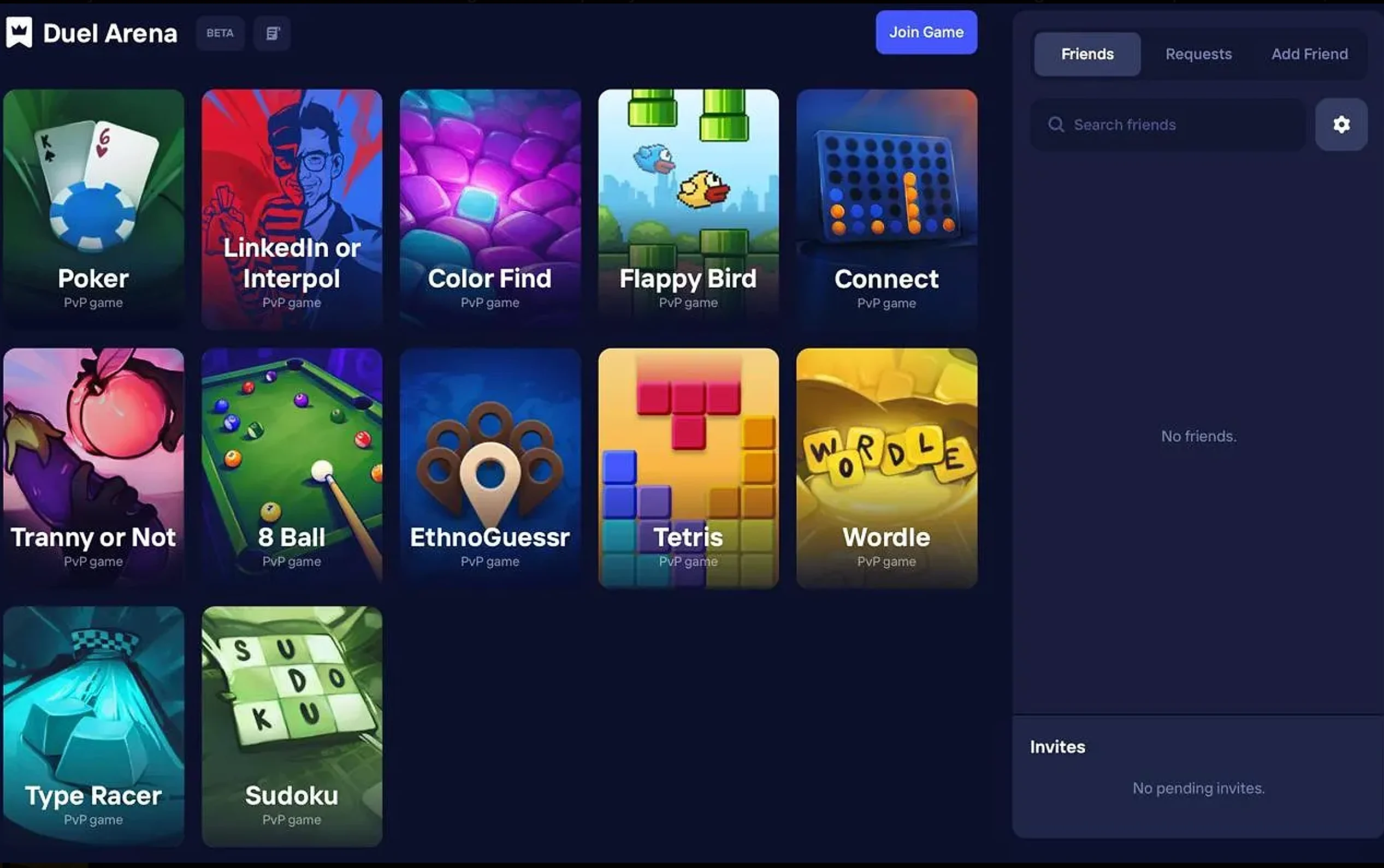 The Duel Arena lobby on Duel.com: twelve PvP game tiles, the Join Game button, and the Friends, Requests and Add Friend panel with an Invites box