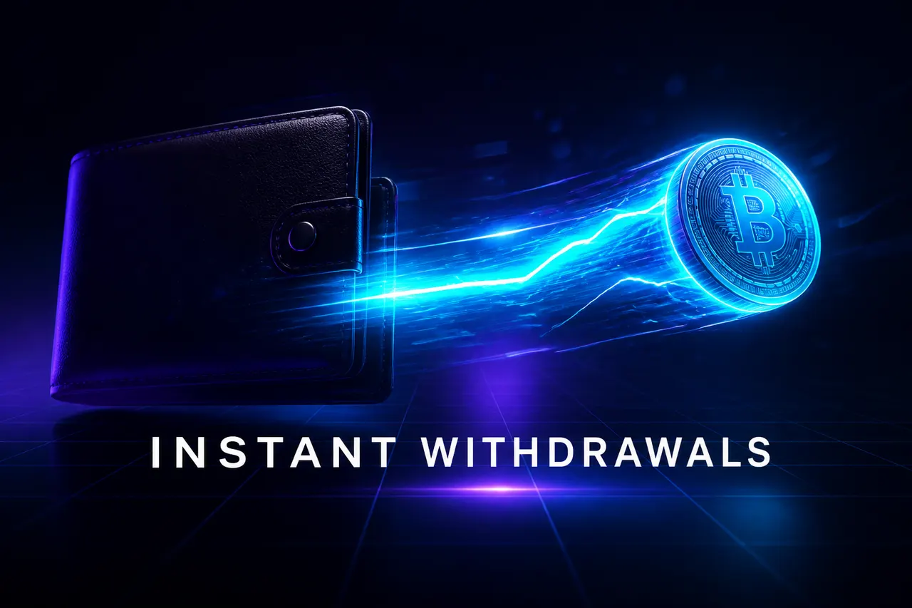 Illustration of instant crypto withdrawals moving from a wallet to a coin