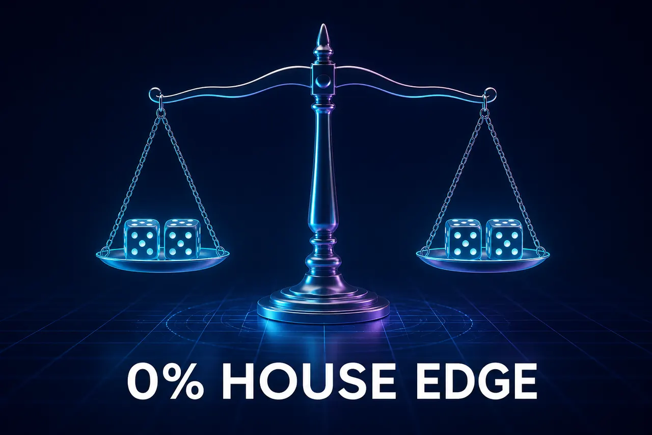 Illustration of 0% house edge as a balanced scale with matching dice